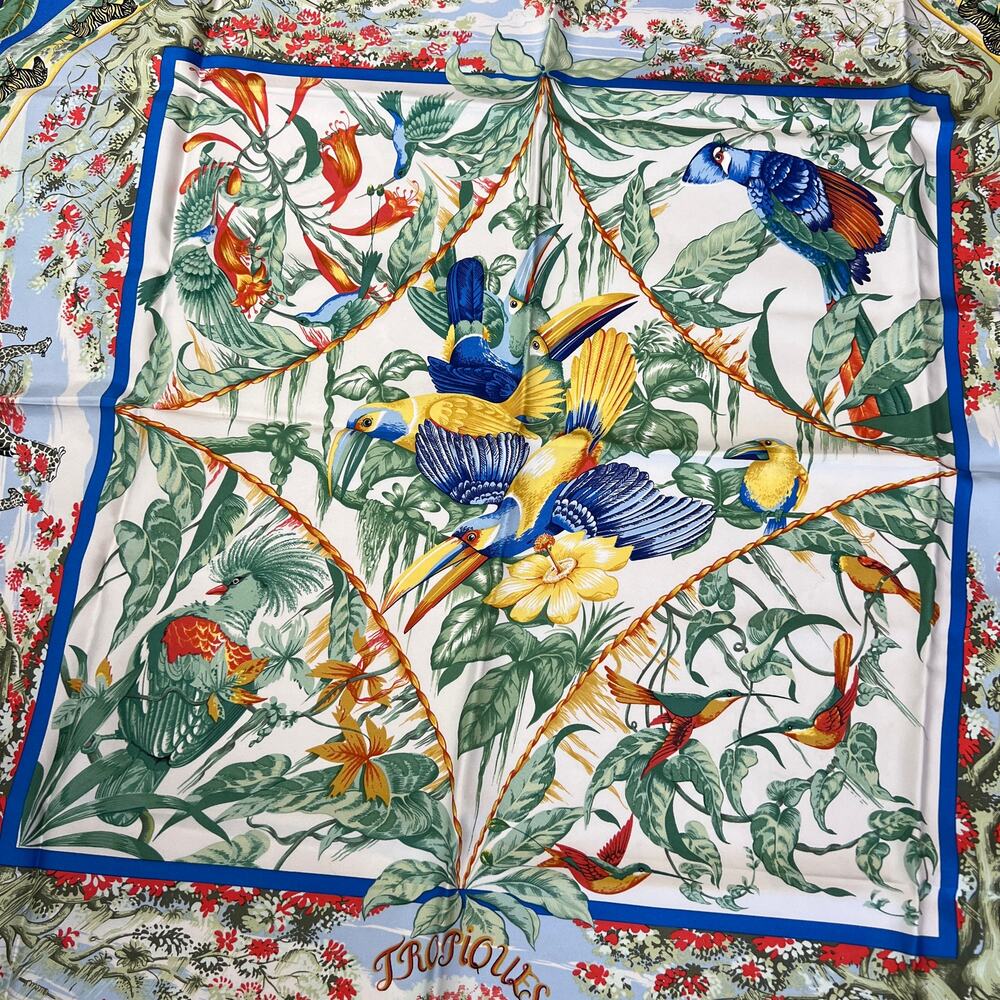 Hermes Paris Tropiques 90 Silk Carre Scarf Blue Tropical Bird 35 Square France - Picture 8 of 16